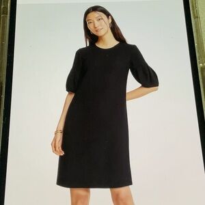 Ann Taylor Black Dress  14 w/Lantern Puff Sleeves Pleated & Lined 100% Polyester